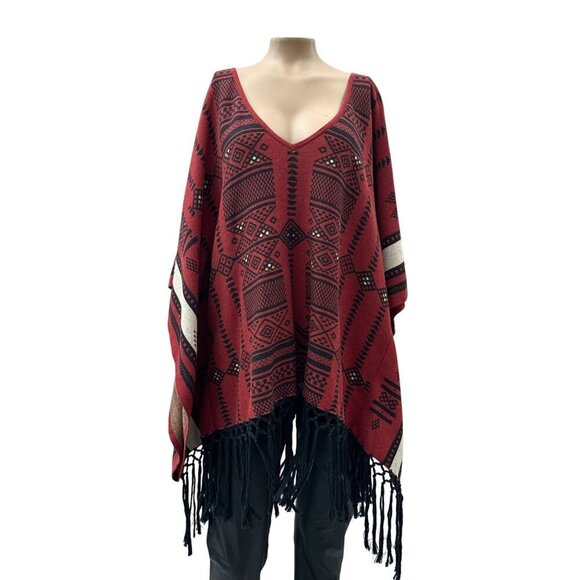 Tasha Polizzi Collection Aztec Southwestern Fringed Hem V-Neck Poncho Women OS - Picture 1 of 10